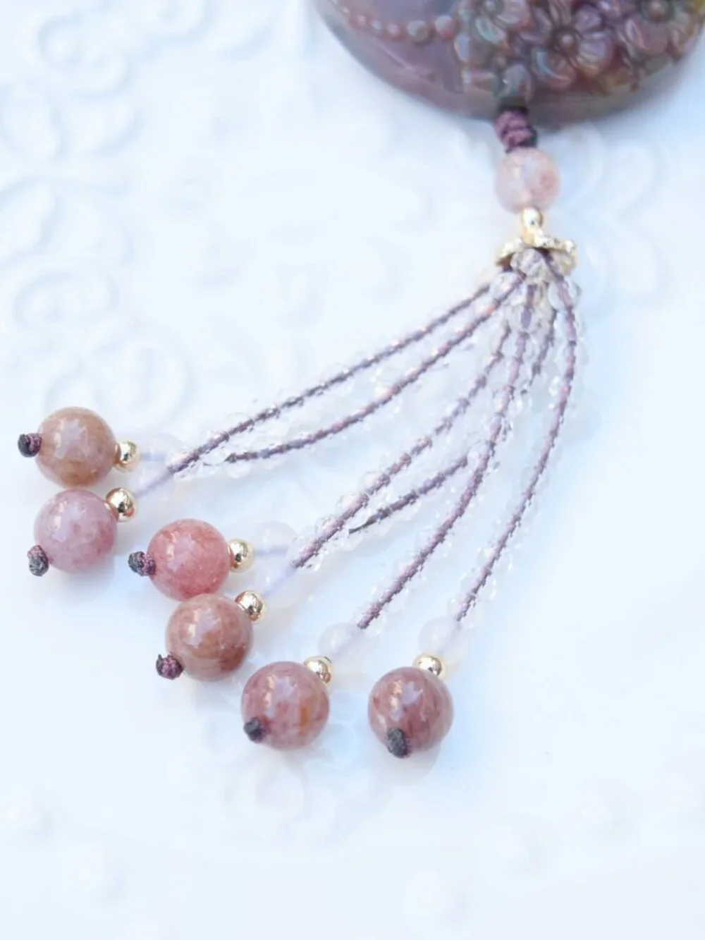 Peony Butterfly Pendant - Ocean Jasper - Strawberry Quartz Long Necklace